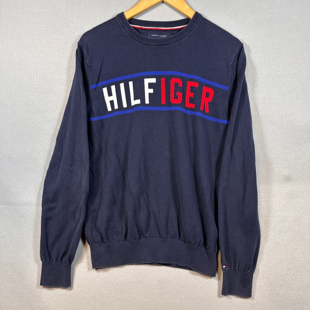 Tommy Hilfiger Mens Navy Blue Logo Knit Preppy Crewneck Sweater M
